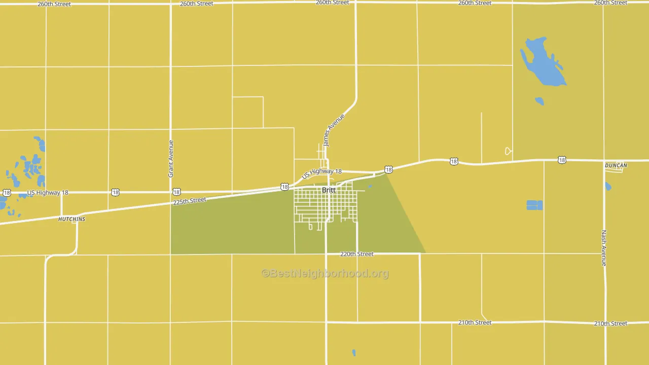 Map of the best neighborhoods in the 50423 area, with better matches in green and worse matches in red