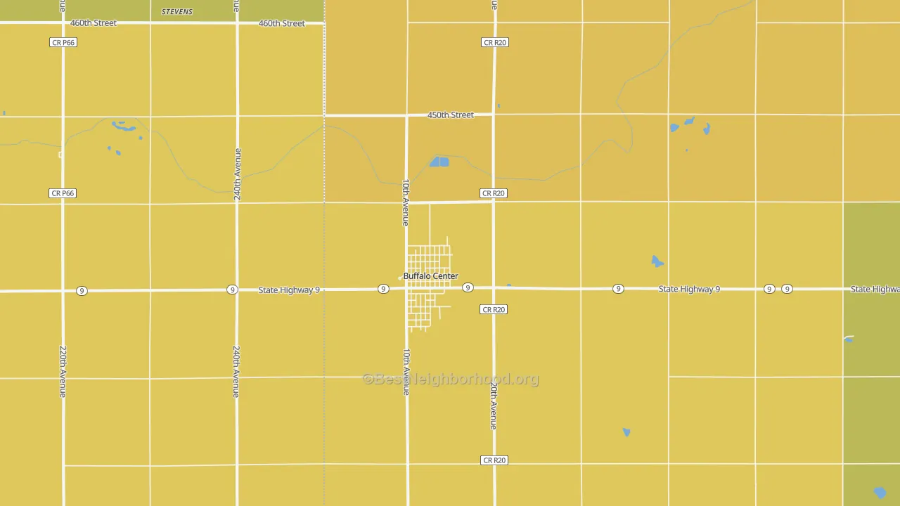 Map of the best neighborhoods in the 50424 area, with better matches in green and worse matches in red