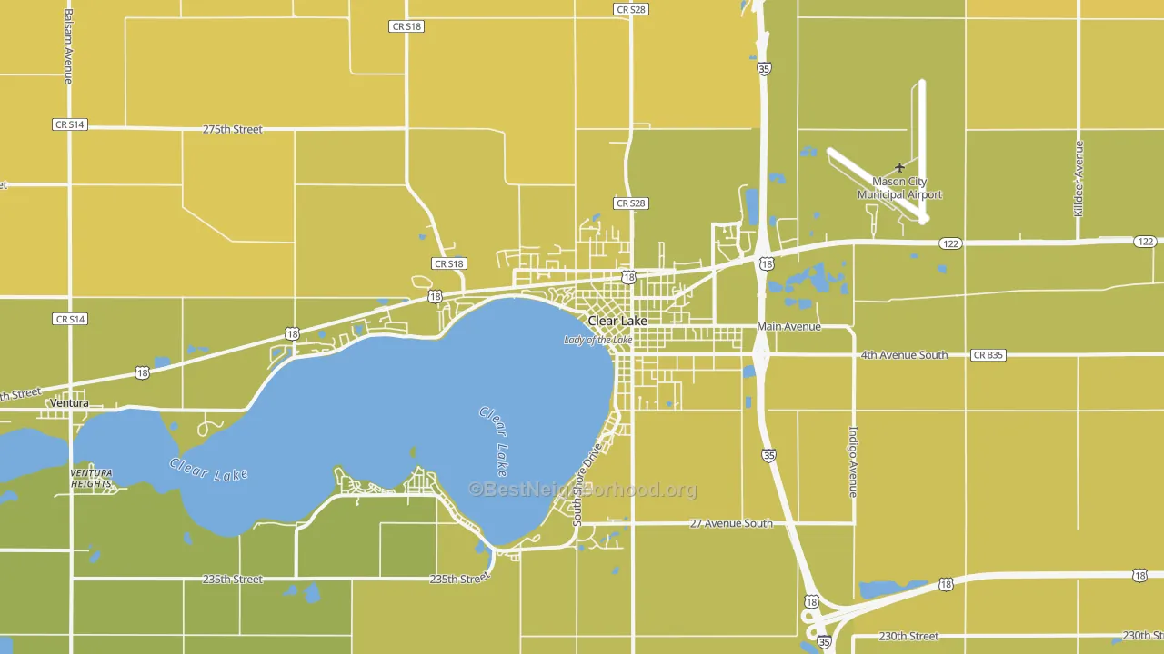 Map of the best neighborhoods in the 50428 area, with better matches in green and worse matches in red