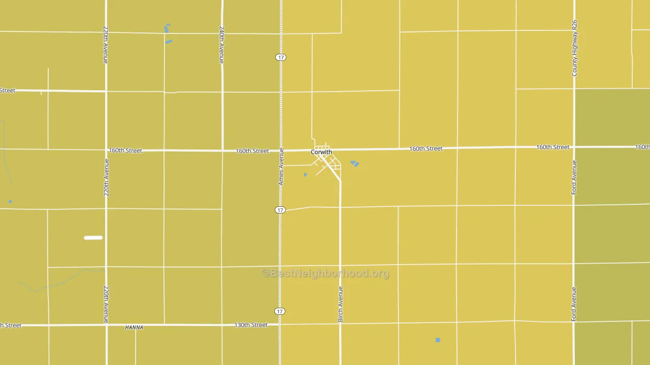 Map of the best neighborhoods in the 50430 area, with better matches in green and worse matches in red