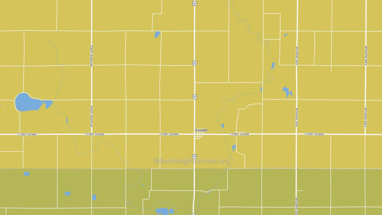 Map of the best neighborhoods in the 50439 area, with better matches in green and worse matches in red