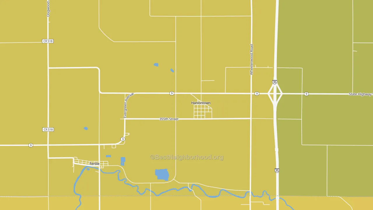 Map of the best neighborhoods in the 50444 area, with better matches in green and worse matches in red