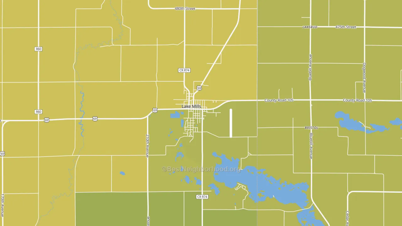 Map of the best neighborhoods in the 50450 area, with better matches in green and worse matches in red