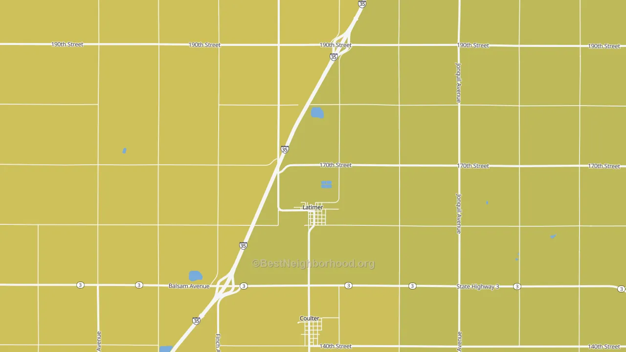 Map of the best neighborhoods in the 50452 area, with better matches in green and worse matches in red