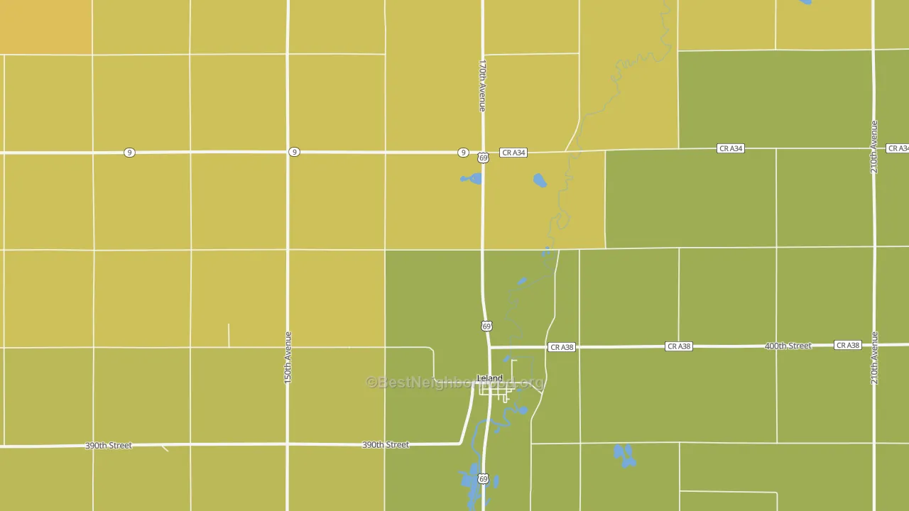 Map of the best neighborhoods in the 50453 area, with better matches in green and worse matches in red