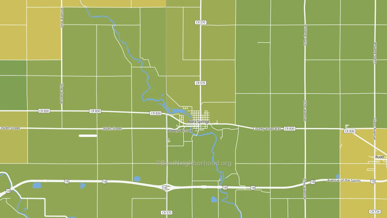 Map of the best neighborhoods in the 50458 area, with better matches in green and worse matches in red