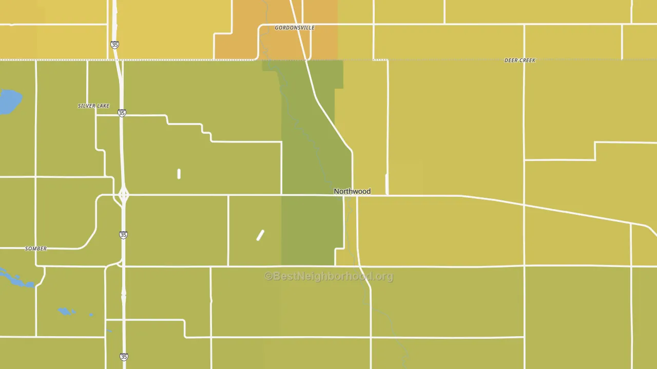 Map of the best neighborhoods in the 50459 area, with better matches in green and worse matches in red