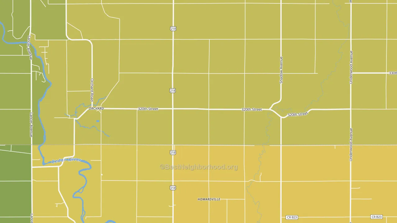 Map of the best neighborhoods in the 50460 area, with better matches in green and worse matches in red
