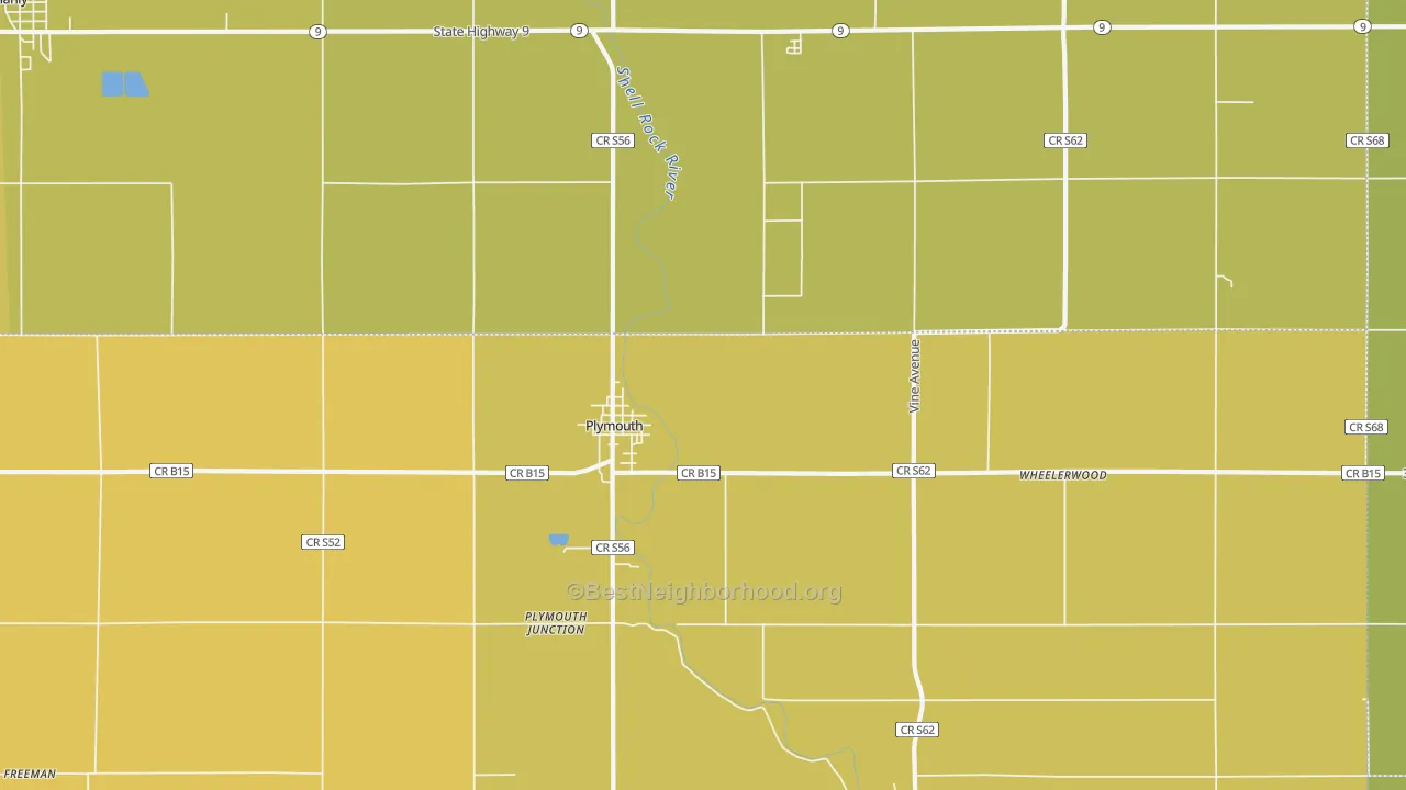 Map of the best neighborhoods in the 50464 area, with better matches in green and worse matches in red