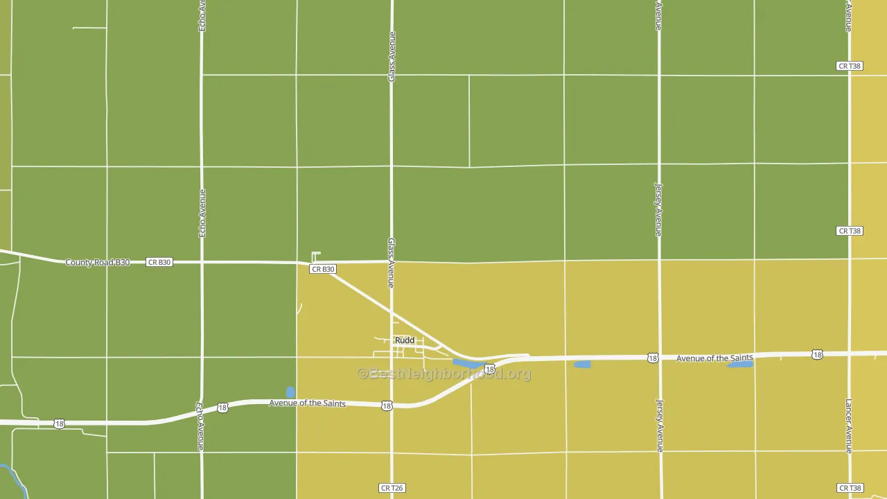 Map of the best neighborhoods in the 50471 area, with better matches in green and worse matches in red