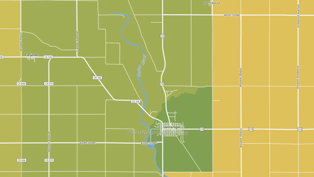 Map of the best neighborhoods in the 50472 area, with better matches in green and worse matches in red