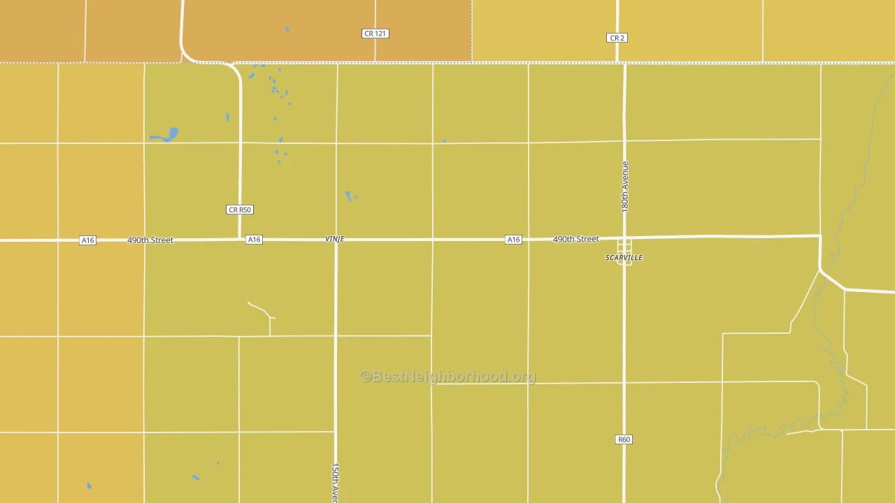 Map of the best neighborhoods in the 50473 area, with better matches in green and worse matches in red
