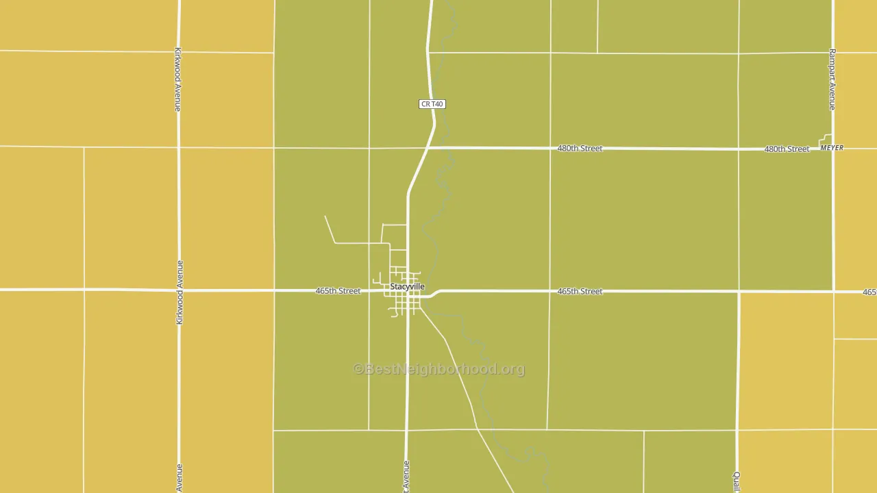 Map of the best neighborhoods in the 50476 area, with better matches in green and worse matches in red