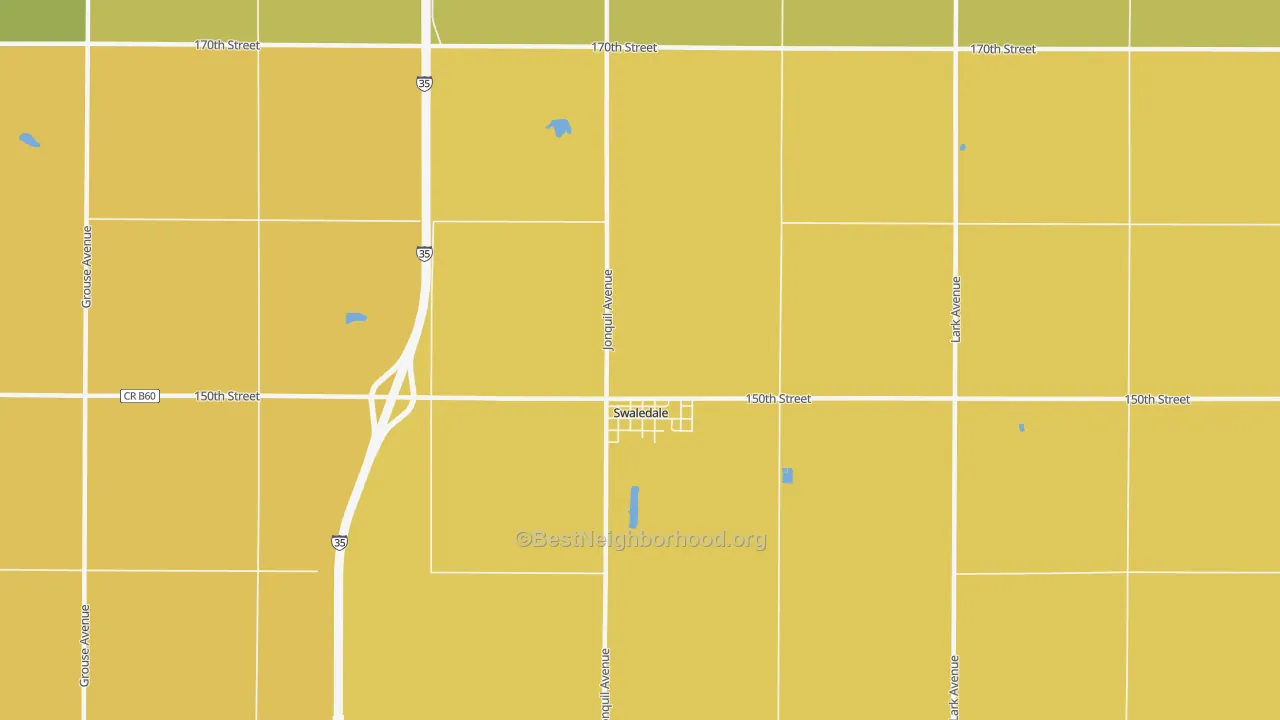 Map of the best neighborhoods in the 50477 area, with better matches in green and worse matches in red