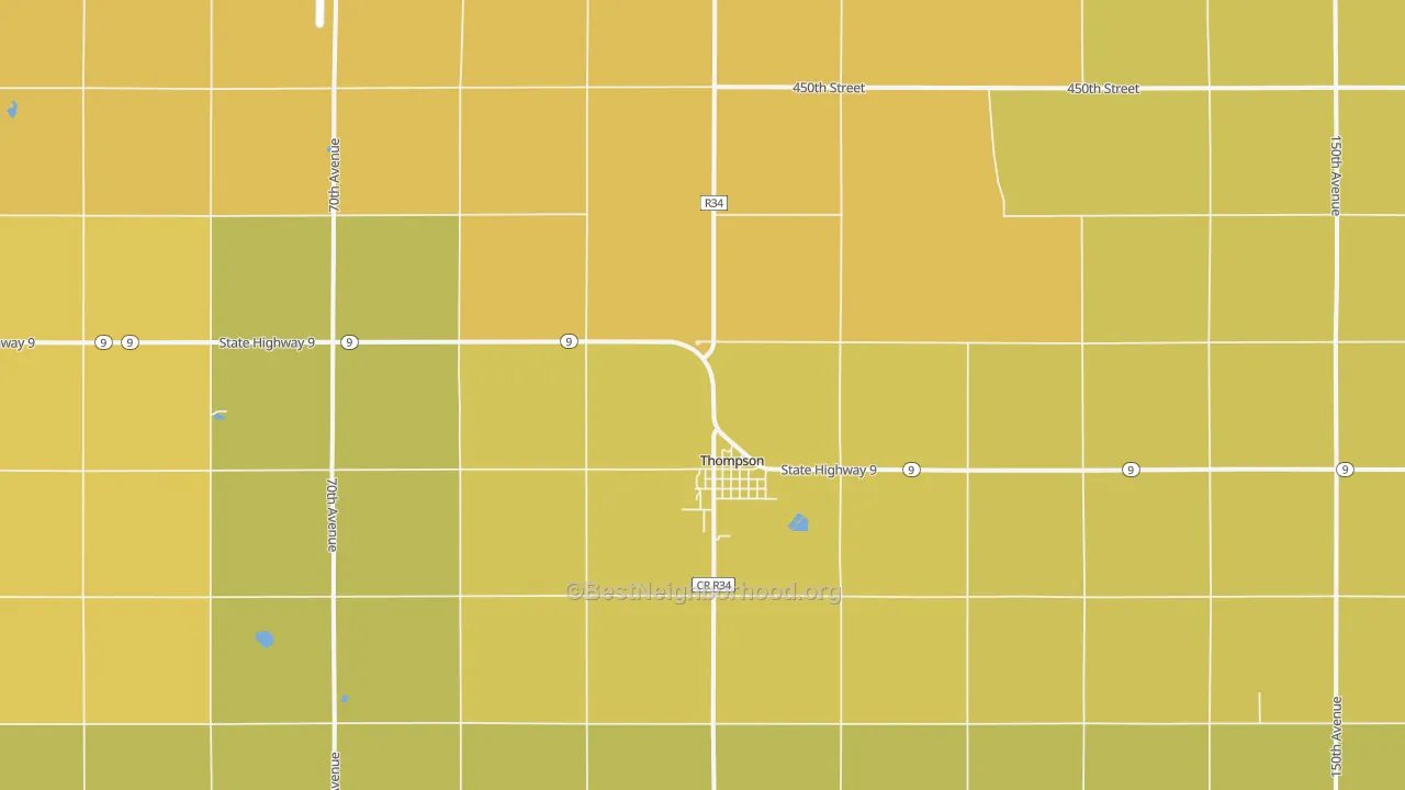 Map of the best neighborhoods in the 50478 area, with better matches in green and worse matches in red
