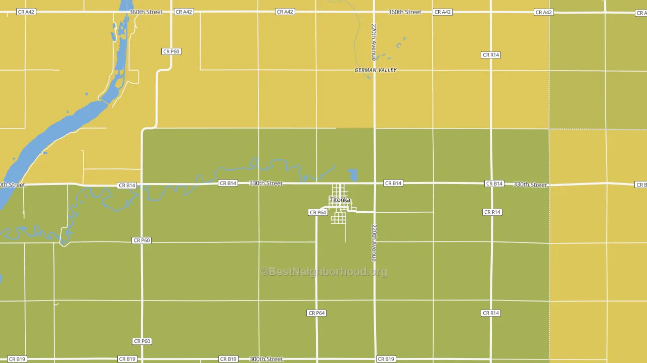 Map of the best neighborhoods in the 50480 area, with better matches in green and worse matches in red