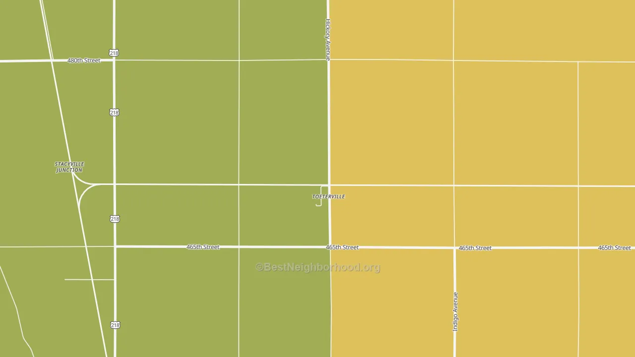 Map of the best neighborhoods in the 50481 area, with better matches in green and worse matches in red