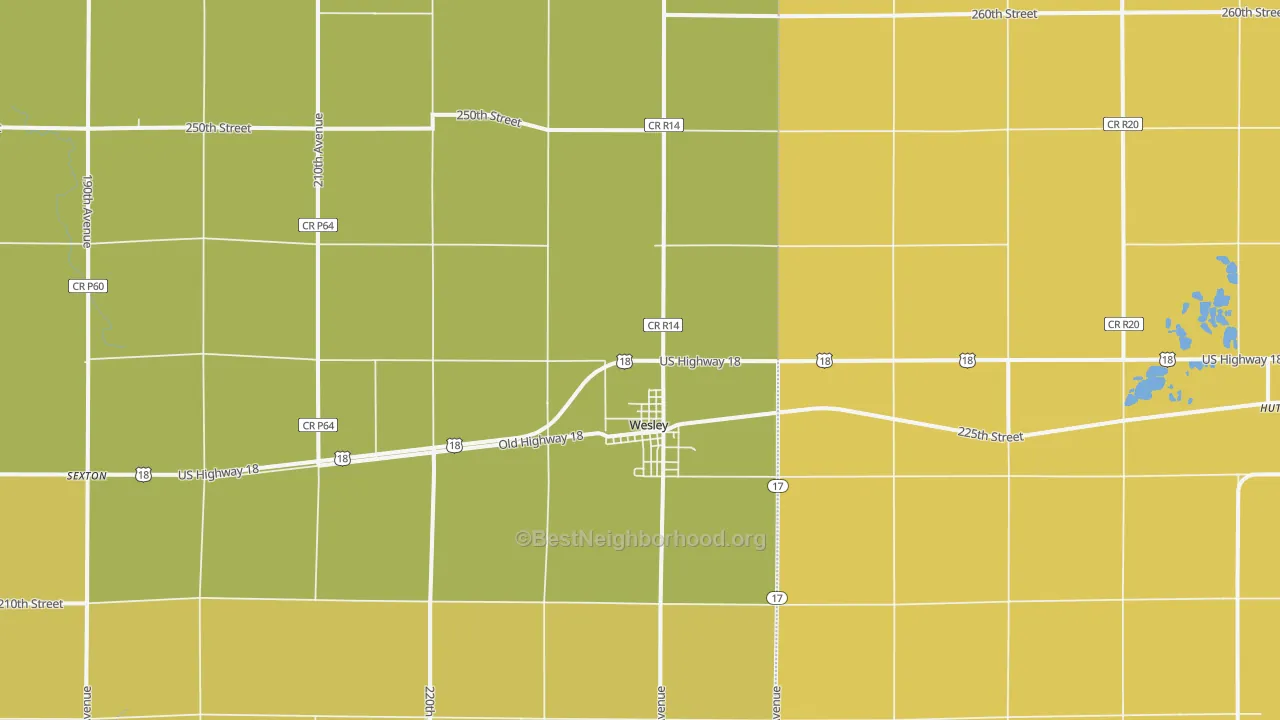 Map of the best neighborhoods in the 50483 area, with better matches in green and worse matches in red