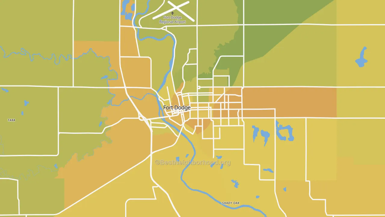 Map of the best neighborhoods in the 50501 area, with better matches in green and worse matches in red
