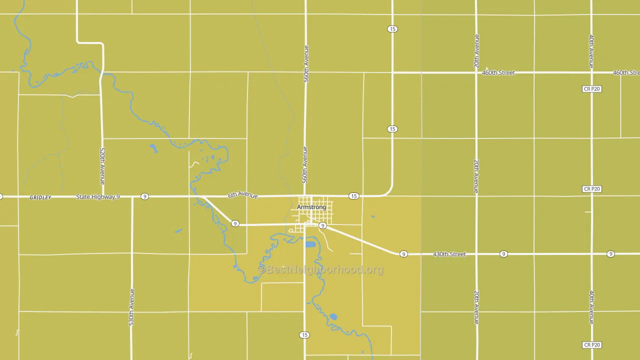 Map of the best neighborhoods in the 50514 area, with better matches in green and worse matches in red