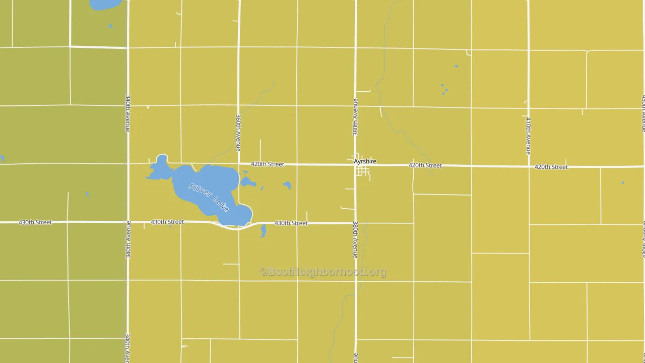 Map of the best neighborhoods in the 50515 area, with better matches in green and worse matches in red