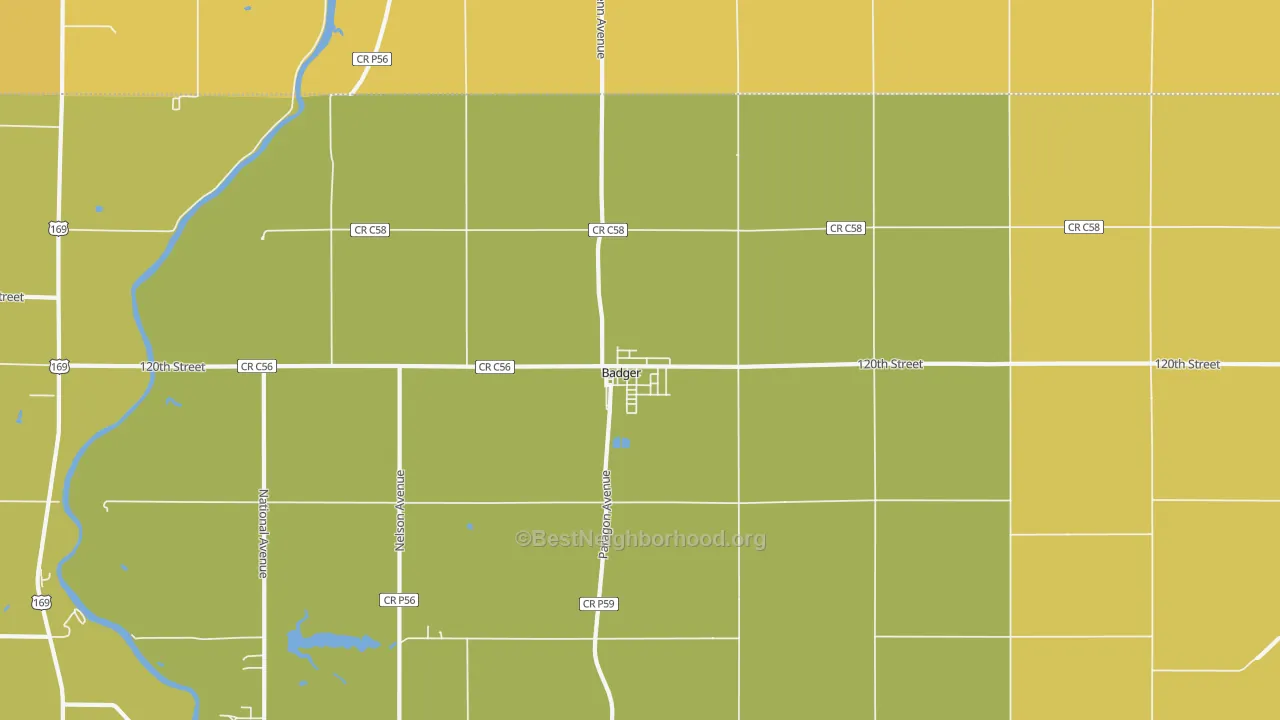 Map of the best neighborhoods in the 50516 area, with better matches in green and worse matches in red