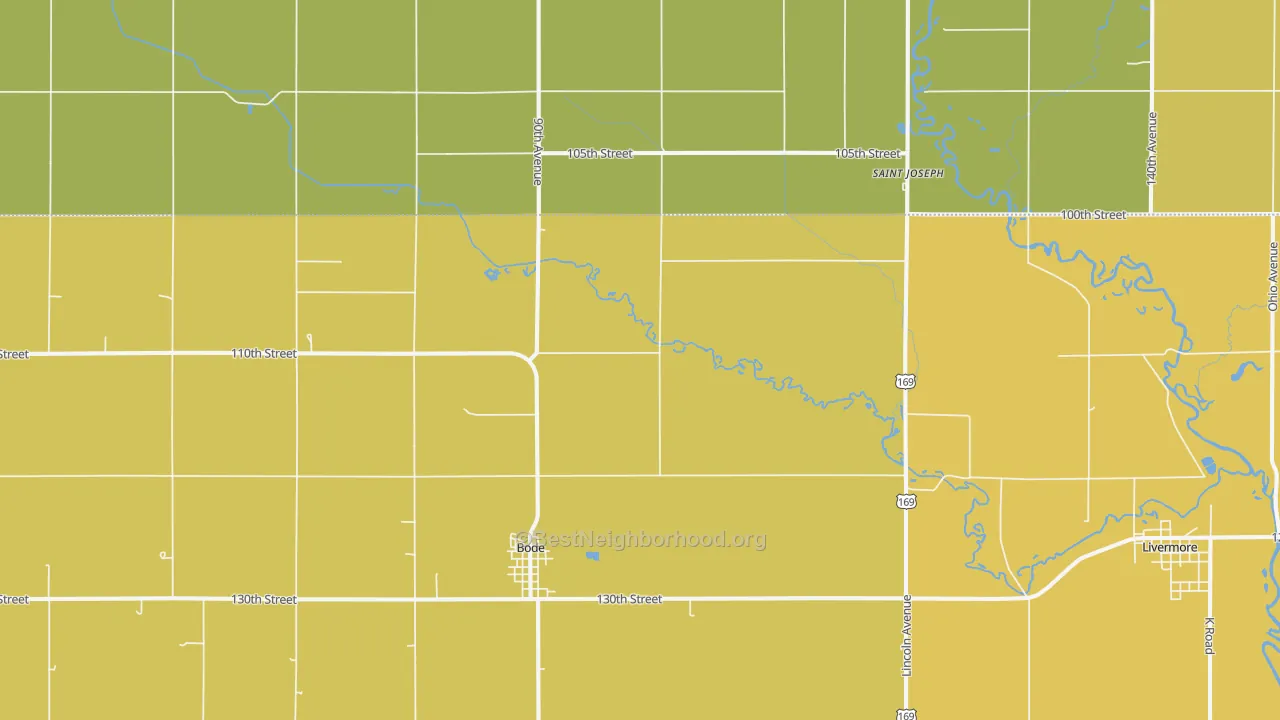 Map of the best neighborhoods in the 50519 area, with better matches in green and worse matches in red