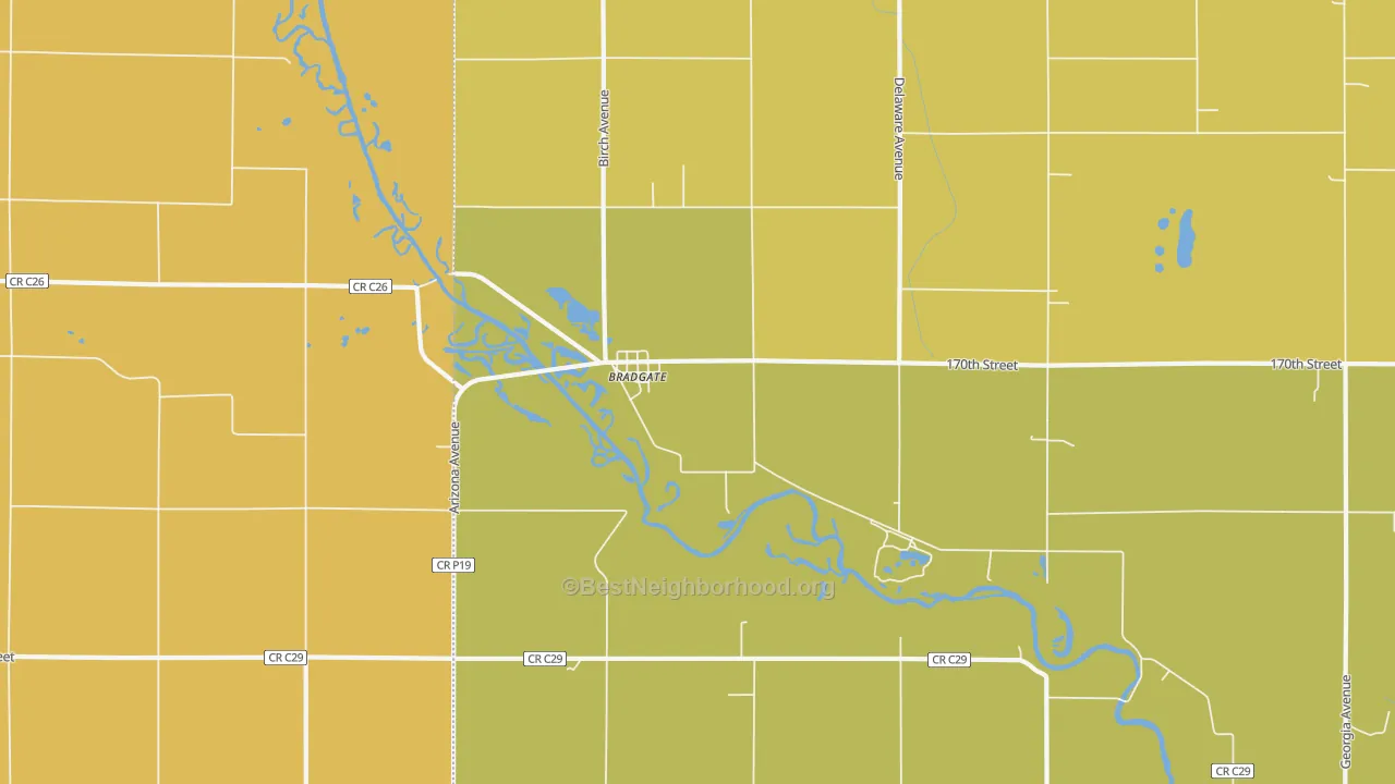 Map of the best neighborhoods in the 50520 area, with better matches in green and worse matches in red