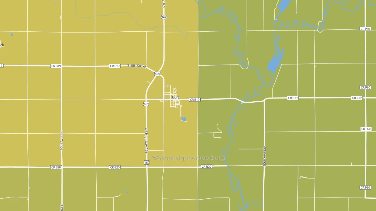 Map of the best neighborhoods in the 50522 area, with better matches in green and worse matches in red