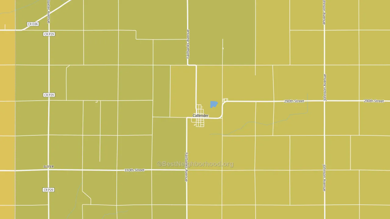 Map of the best neighborhoods in the 50523 area, with better matches in green and worse matches in red