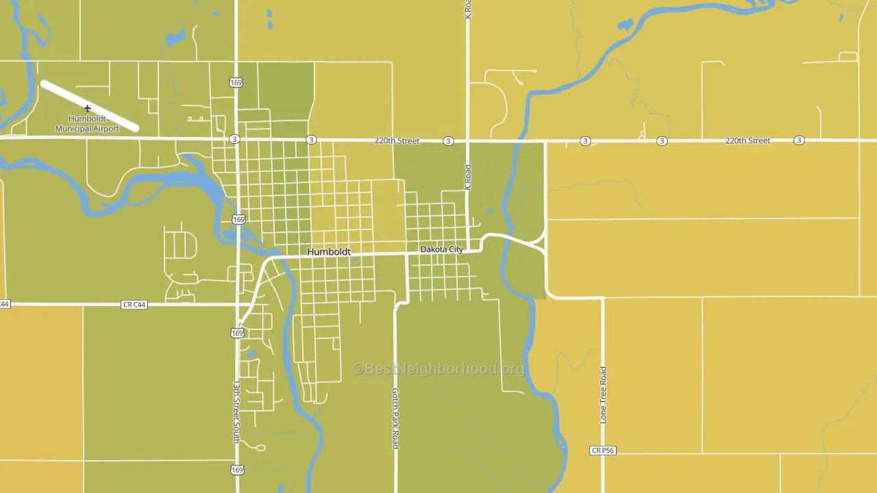 Map of the best neighborhoods in the 50529 area, with better matches in green and worse matches in red