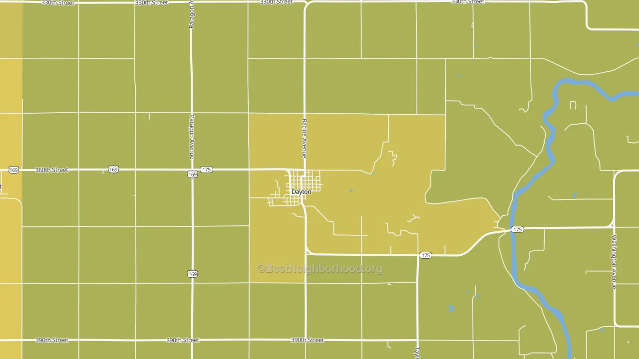 Map of the best neighborhoods in the 50530 area, with better matches in green and worse matches in red