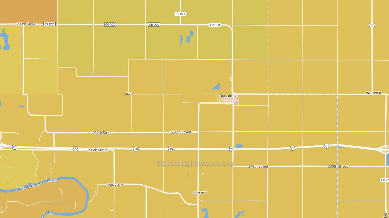 Map of the best neighborhoods in the 50532 area, with better matches in green and worse matches in red