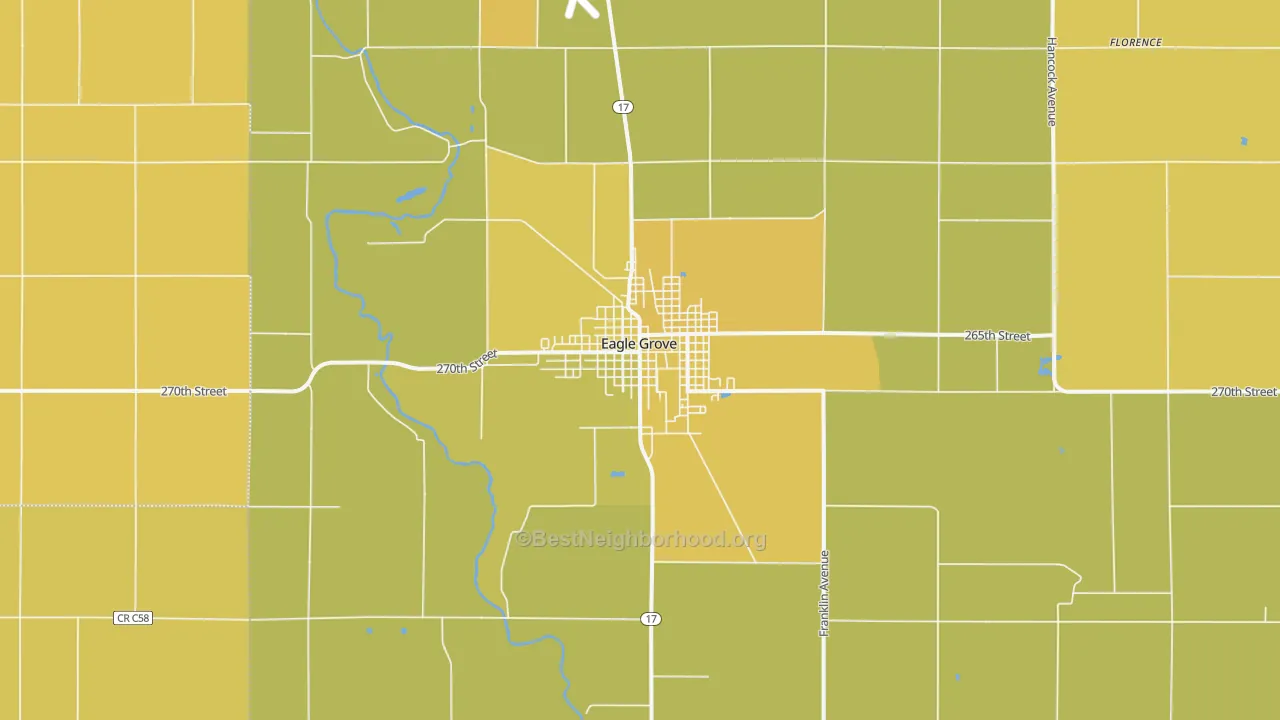 Map of the best neighborhoods in the 50533 area, with better matches in green and worse matches in red