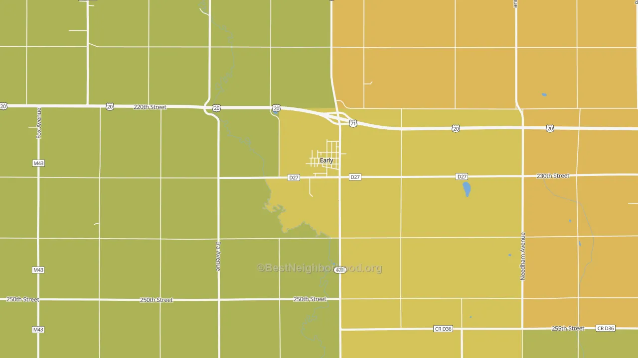 Map of the best neighborhoods in the 50535 area, with better matches in green and worse matches in red