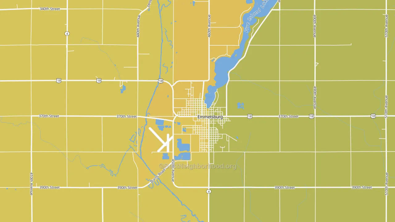 Map of the best neighborhoods in the 50536 area, with better matches in green and worse matches in red