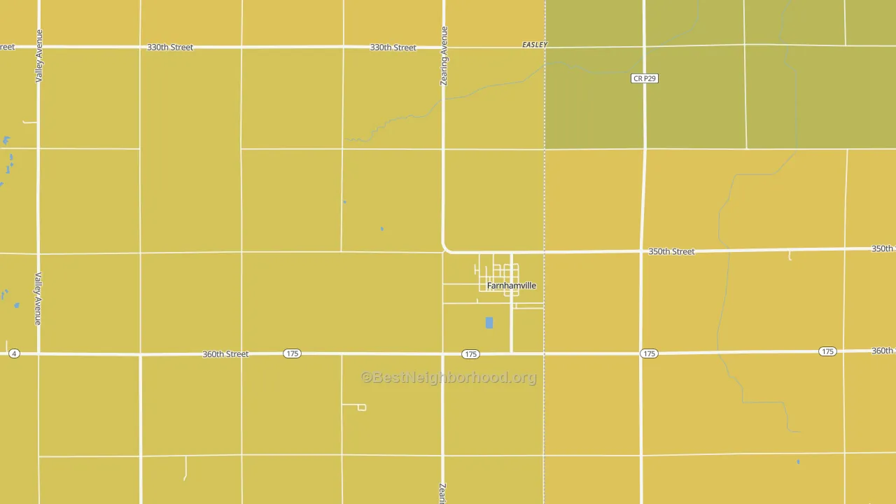 Map of the best neighborhoods in the 50538 area, with better matches in green and worse matches in red