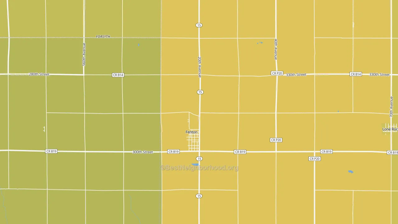 Map of the best neighborhoods in the 50539 area, with better matches in green and worse matches in red