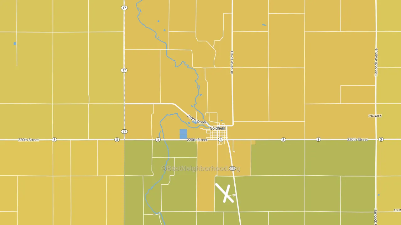 Map of the best neighborhoods in the 50542 area, with better matches in green and worse matches in red