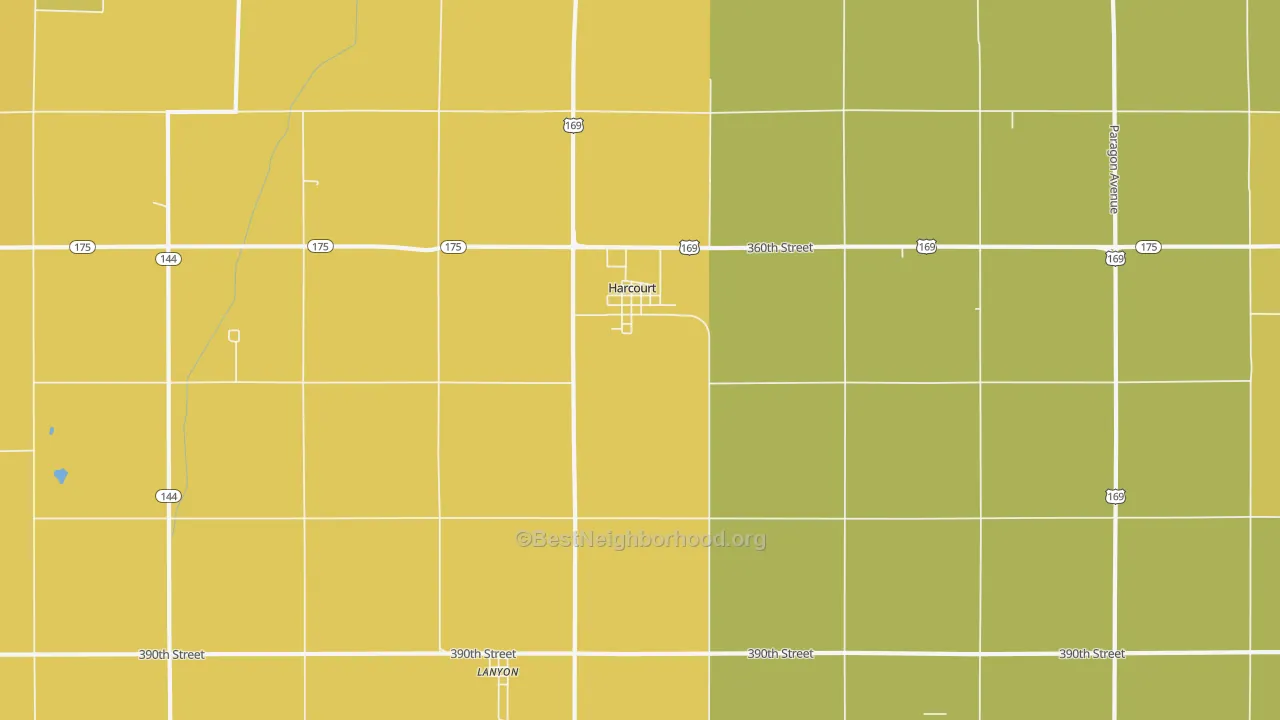 Map of the best neighborhoods in the 50544 area, with better matches in green and worse matches in red