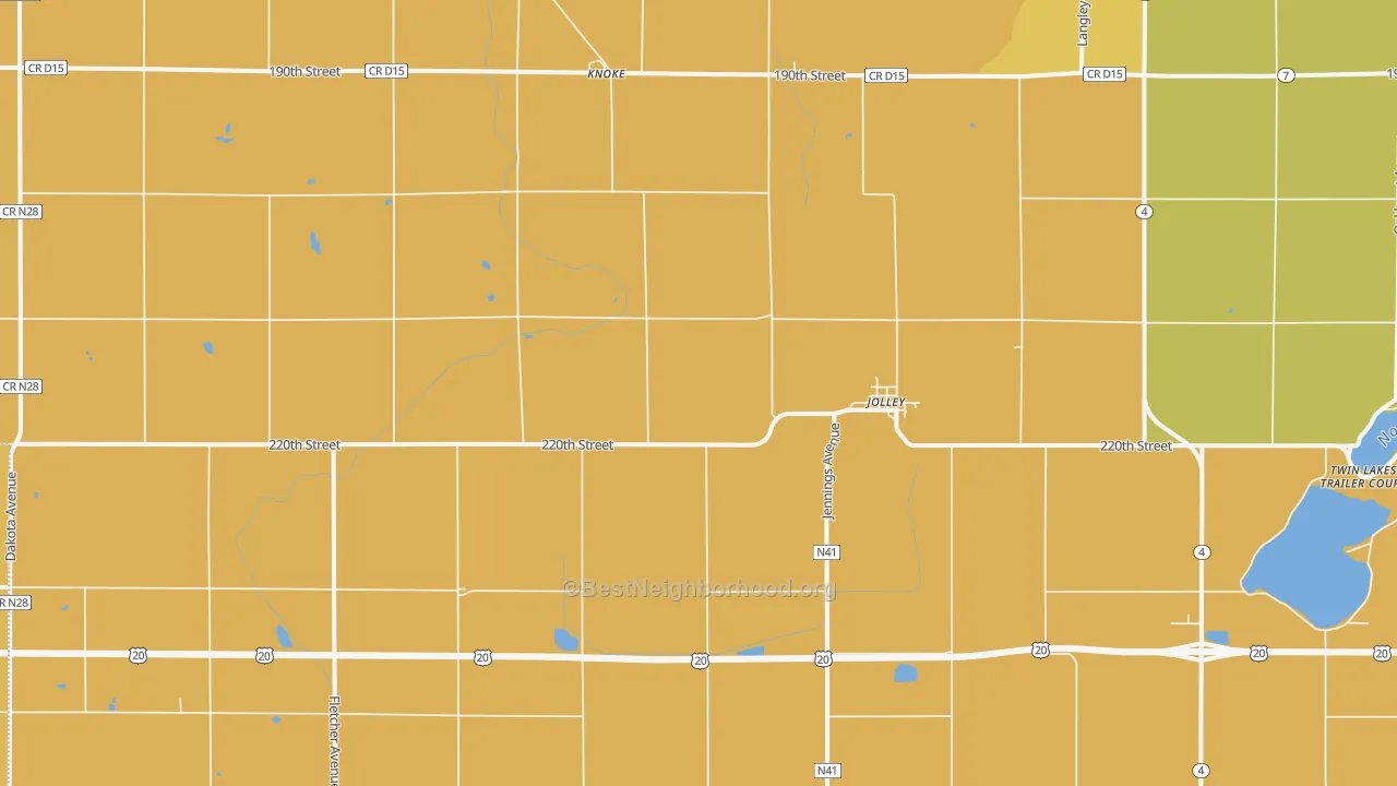 Map of the best neighborhoods in the 50551 area, with better matches in green and worse matches in red
