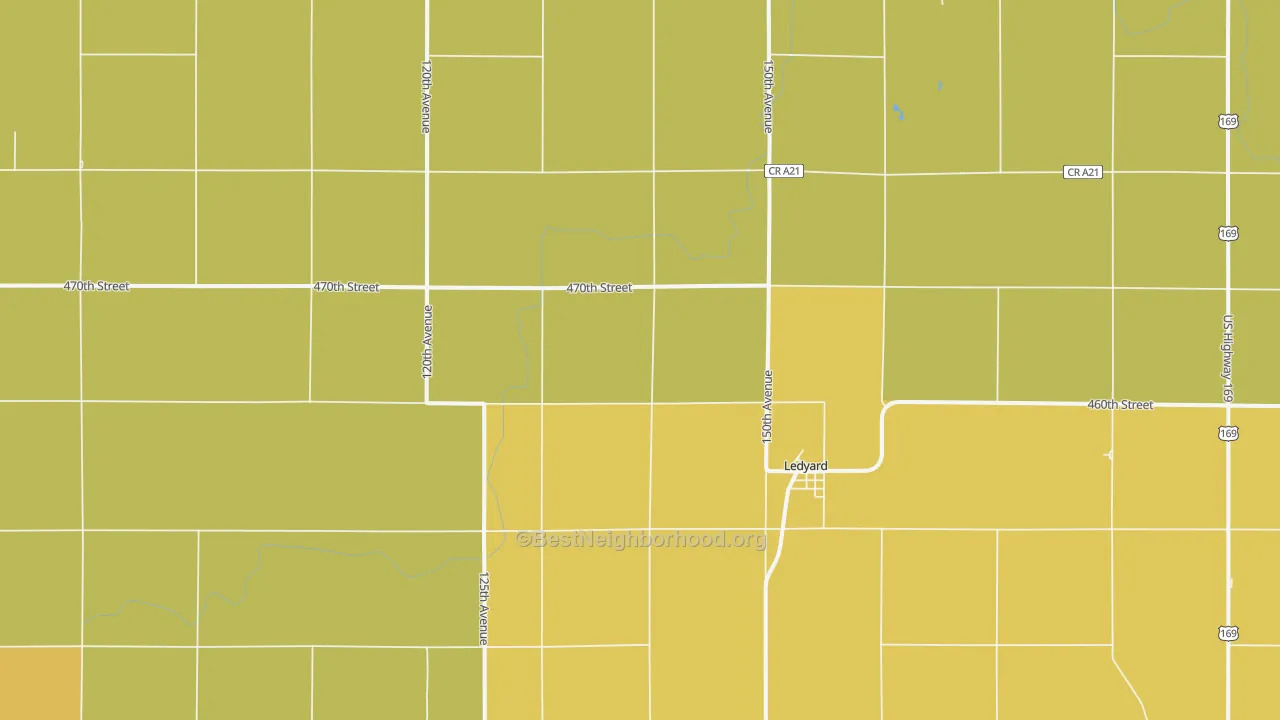 Map of the best neighborhoods in the 50556 area, with better matches in green and worse matches in red