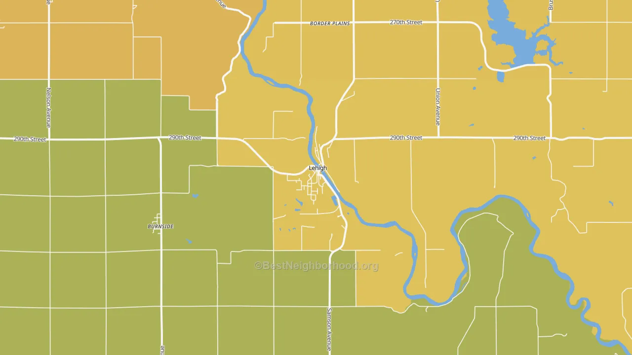 Map of the best neighborhoods in the 50557 area, with better matches in green and worse matches in red