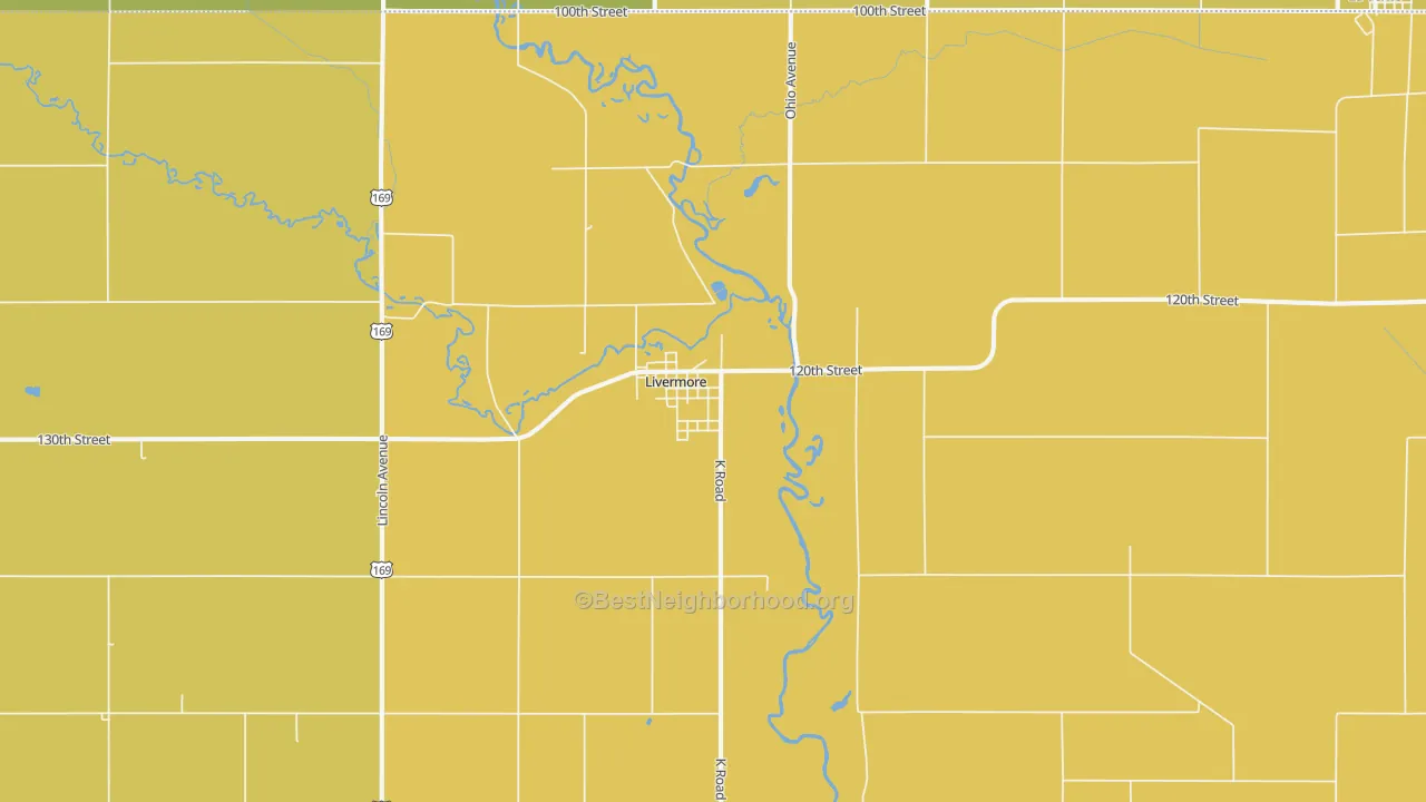 Map of the best neighborhoods in the 50558 area, with better matches in green and worse matches in red