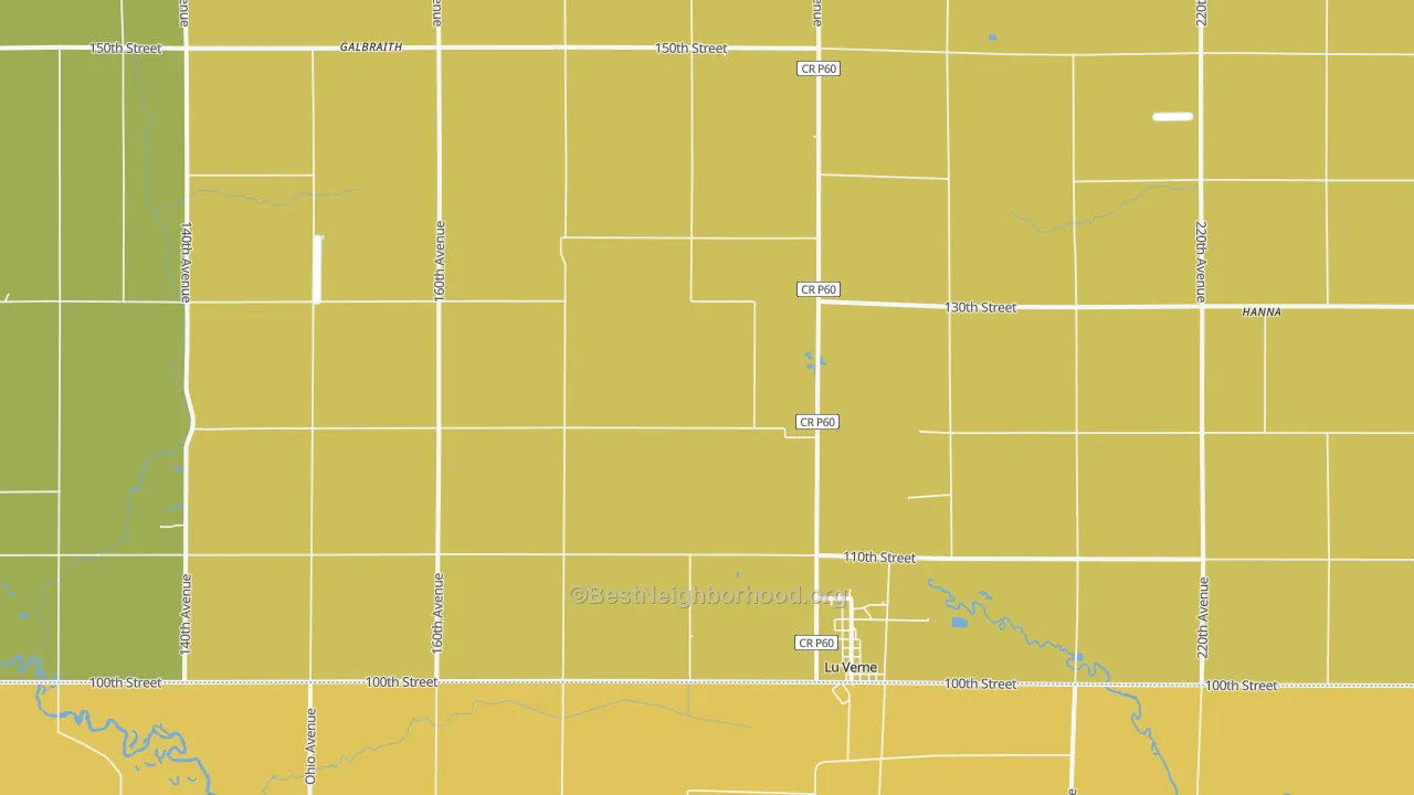 Map of the best neighborhoods in the 50560 area, with better matches in green and worse matches in red