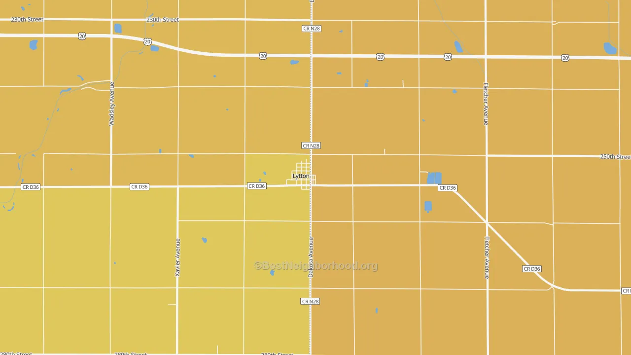 Map of the best neighborhoods in the 50561 area, with better matches in green and worse matches in red