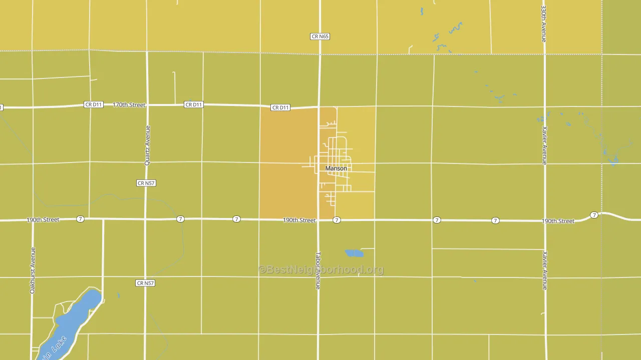 Map of the best neighborhoods in the 50563 area, with better matches in green and worse matches in red
