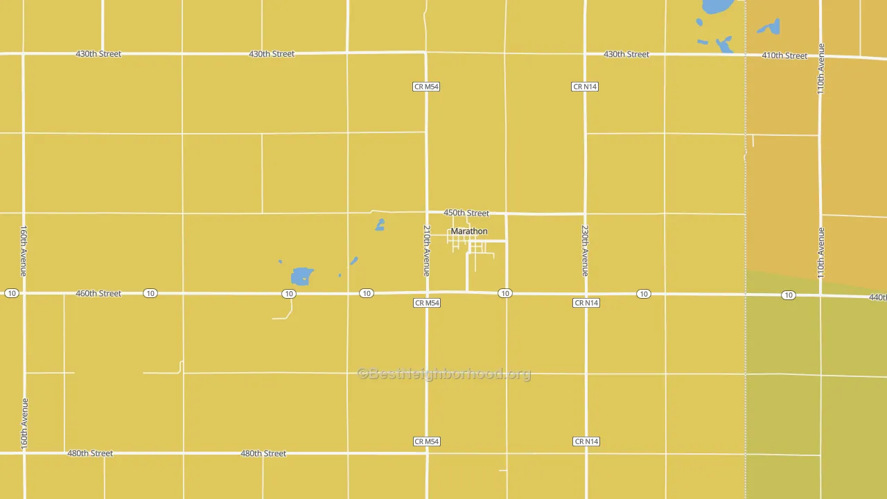 Map of the best neighborhoods in the 50565 area, with better matches in green and worse matches in red
