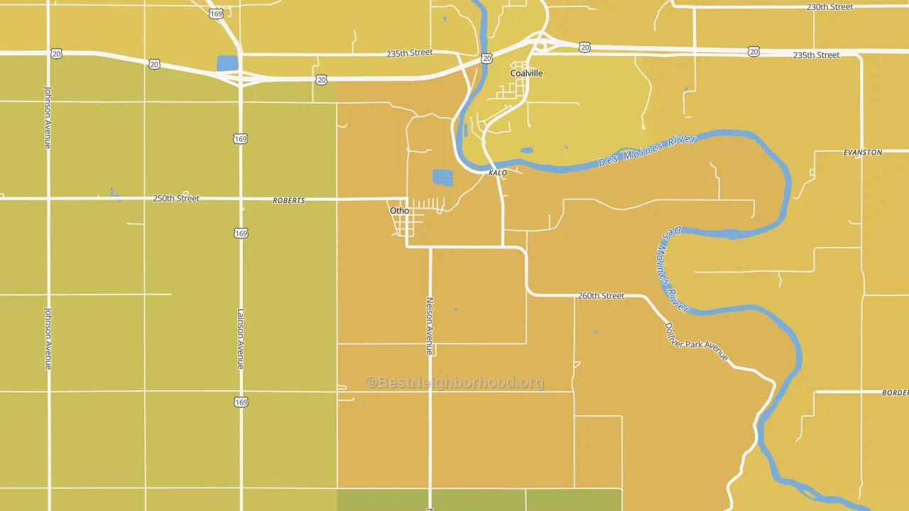 Map of the best neighborhoods in the 50569 area, with better matches in green and worse matches in red