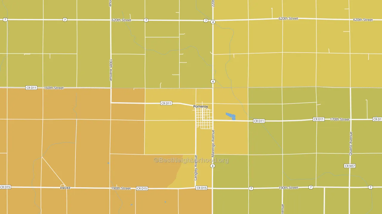 Map of the best neighborhoods in the 50575 area, with better matches in green and worse matches in red